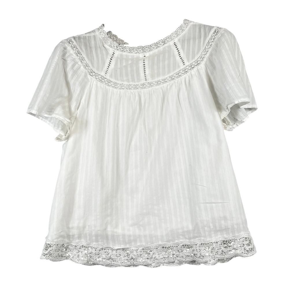 Gap Womens M SS Lace Yoke Blouse White Cotton Boho Peasant Lace Trim Textured